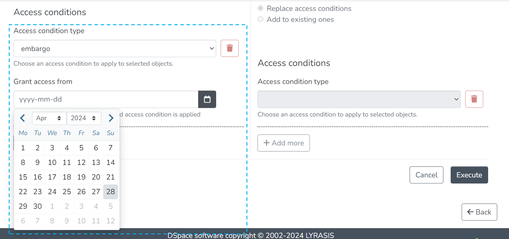 Access conditions embargo calendar