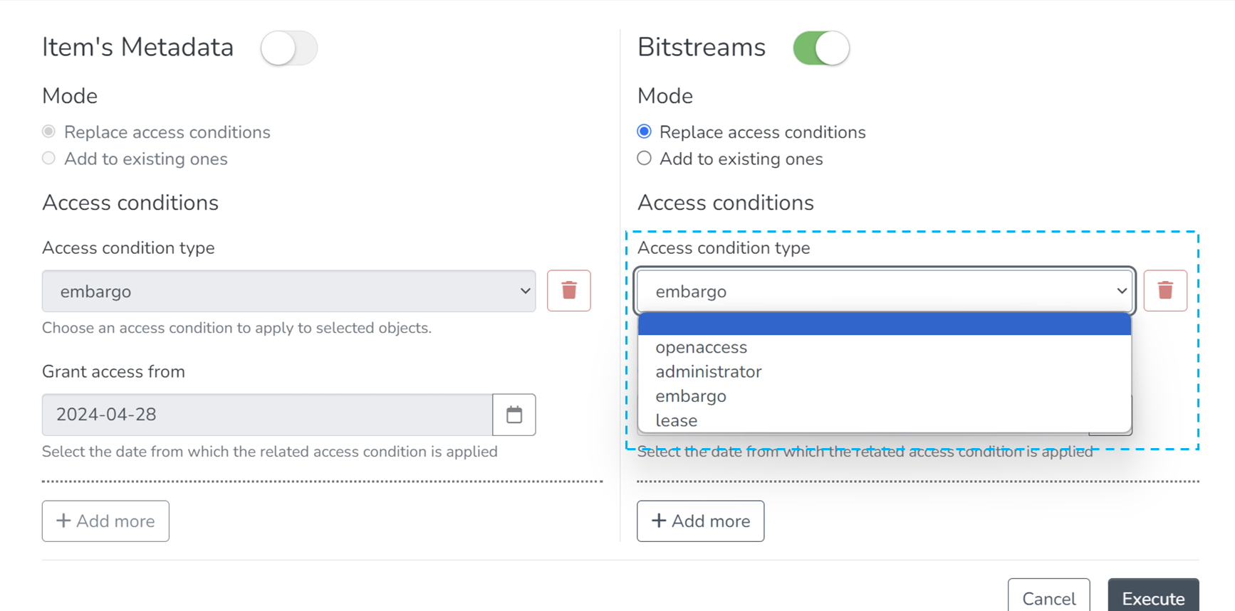 Bitstreams access conditions selected