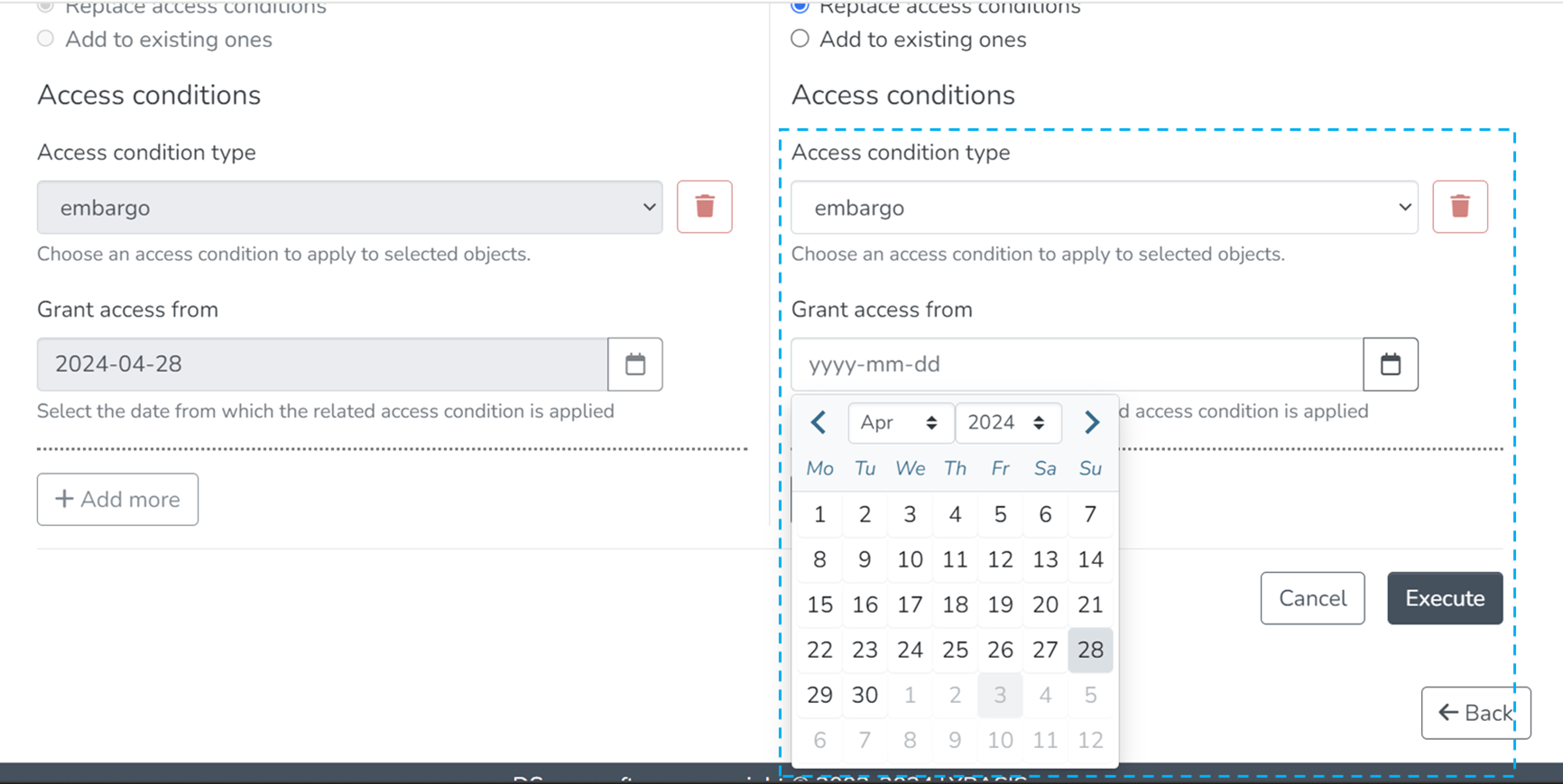 Bitstreams access conditions embargo calendar selected