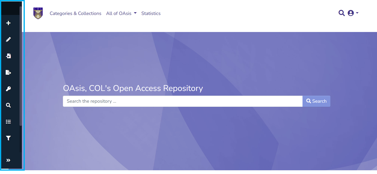 DSpace homepage with the admin menu highlighted