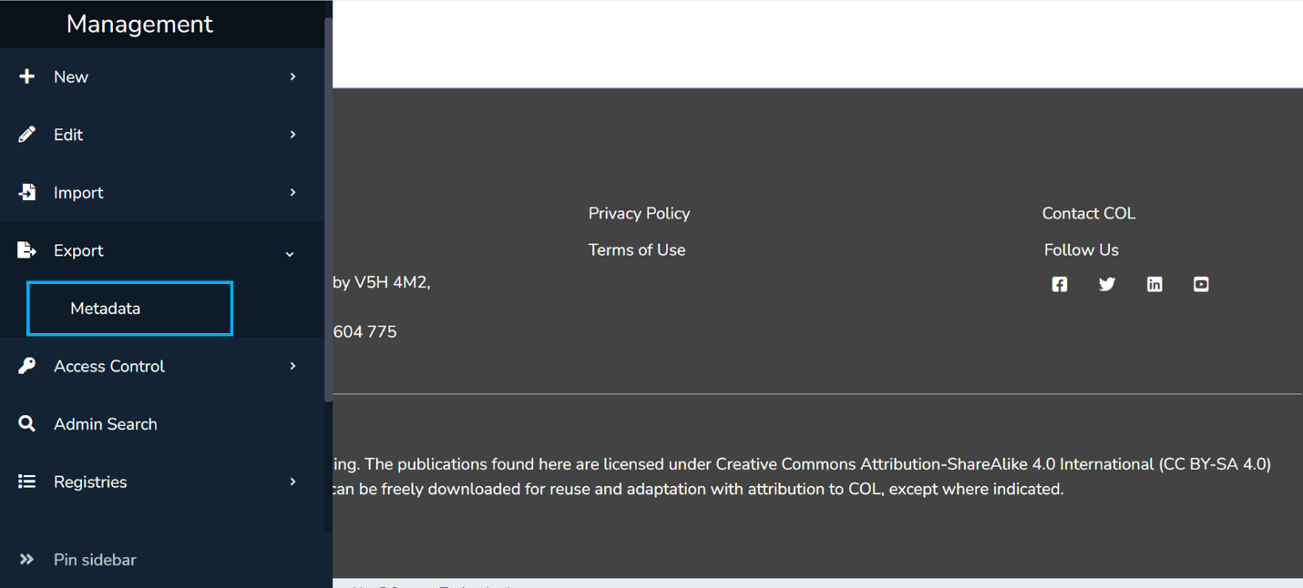 Metadata is selected in the Export menu