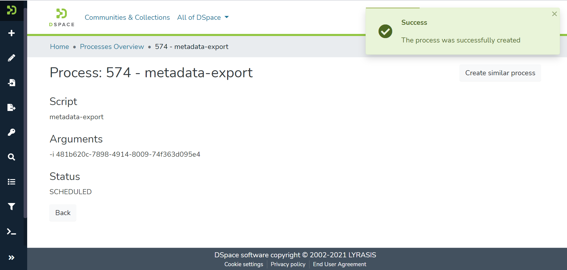 The process was successfully created banner appears in the upper right corner