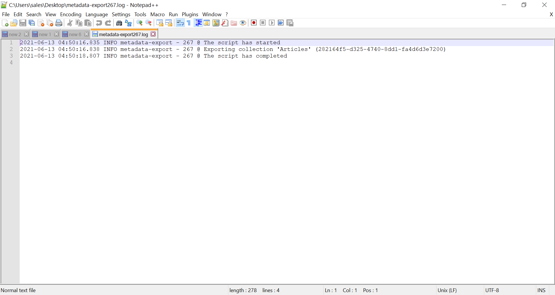 Log file with details of the steps performed during the metadata export process