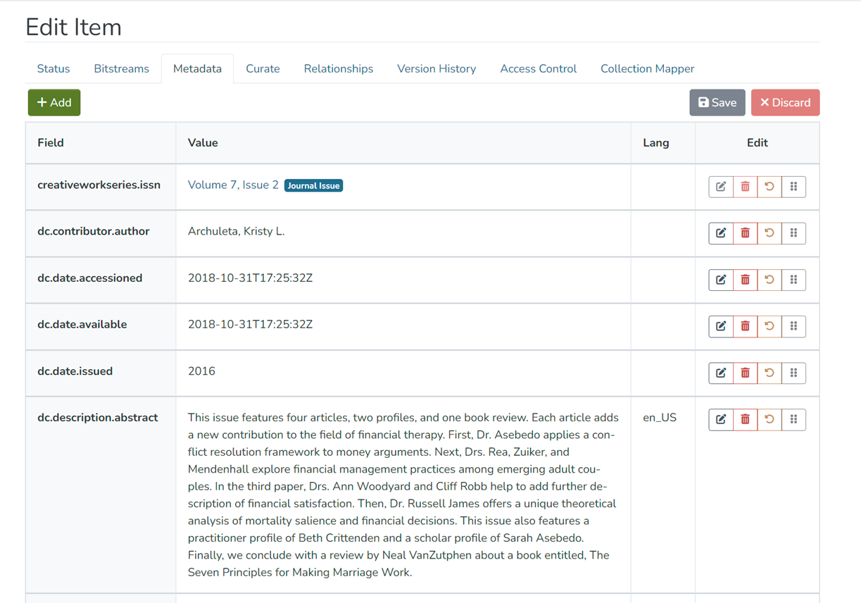 Screenshot of Metadata tab on Edit Item page