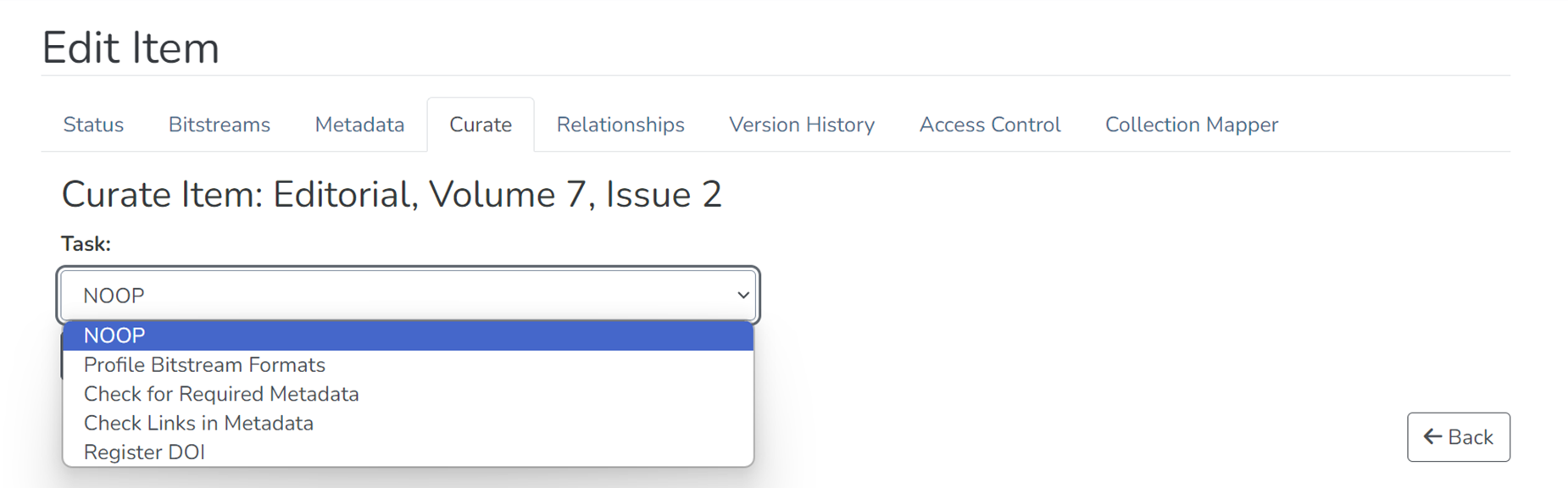 Screenshot of Curate tab on Edit Item page