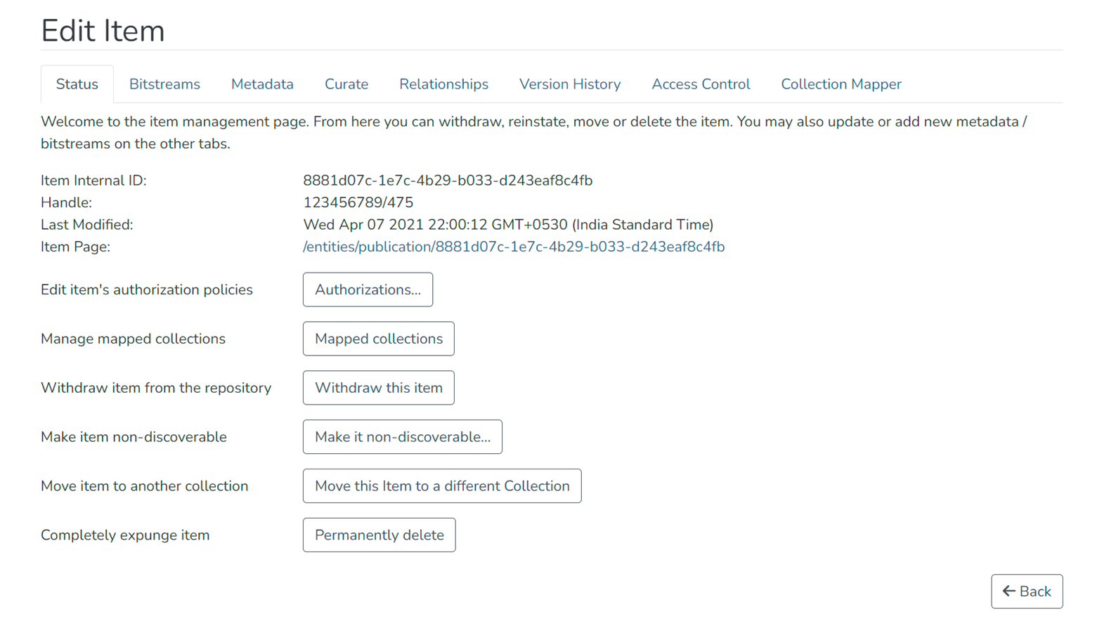 Screenshot of Status tab on Edit Item page