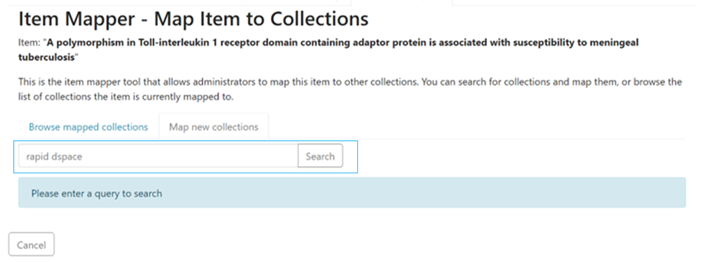 Item Mapper page with text in the Map new collections searchbar