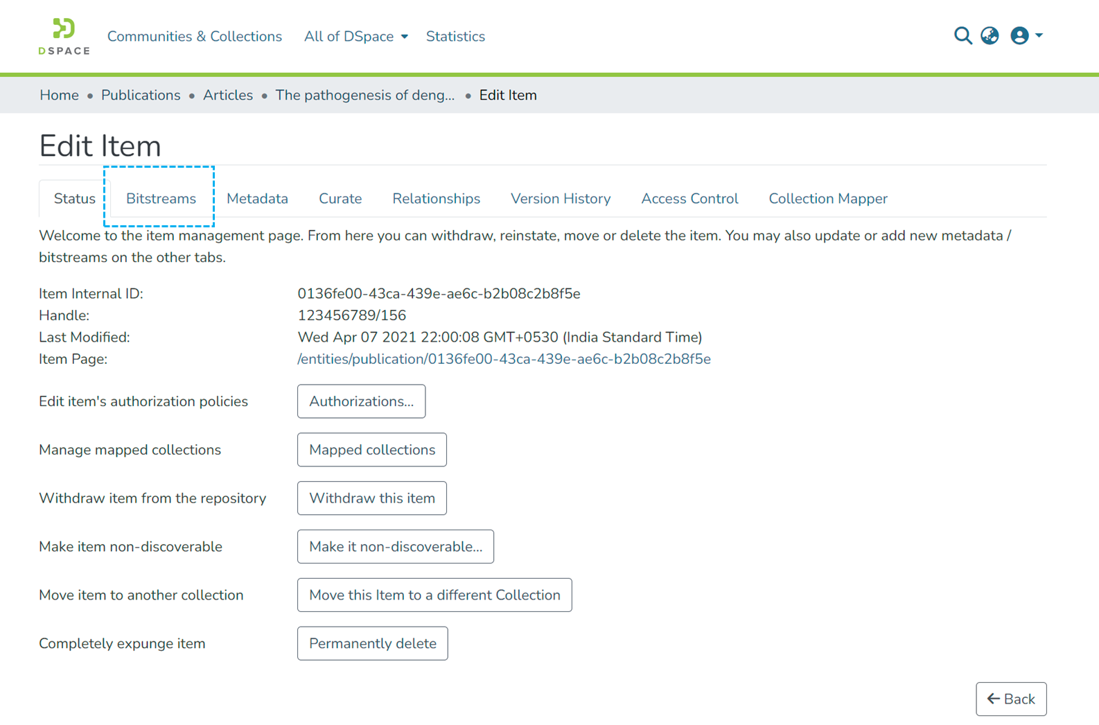Edit Item page with the Bitstreams tab highlighted