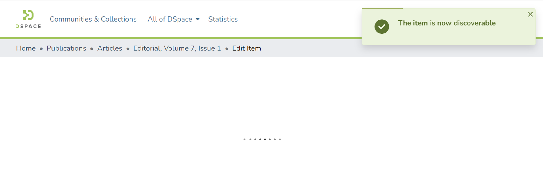 Edit Item page with banner saying The item is now discoverable 
