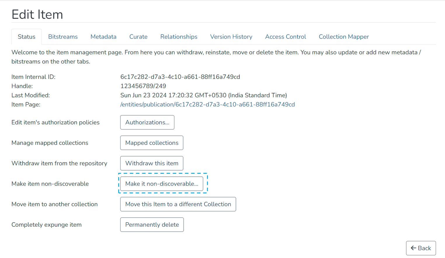 Edit Item page with the Make it non-discoverable button highlighted