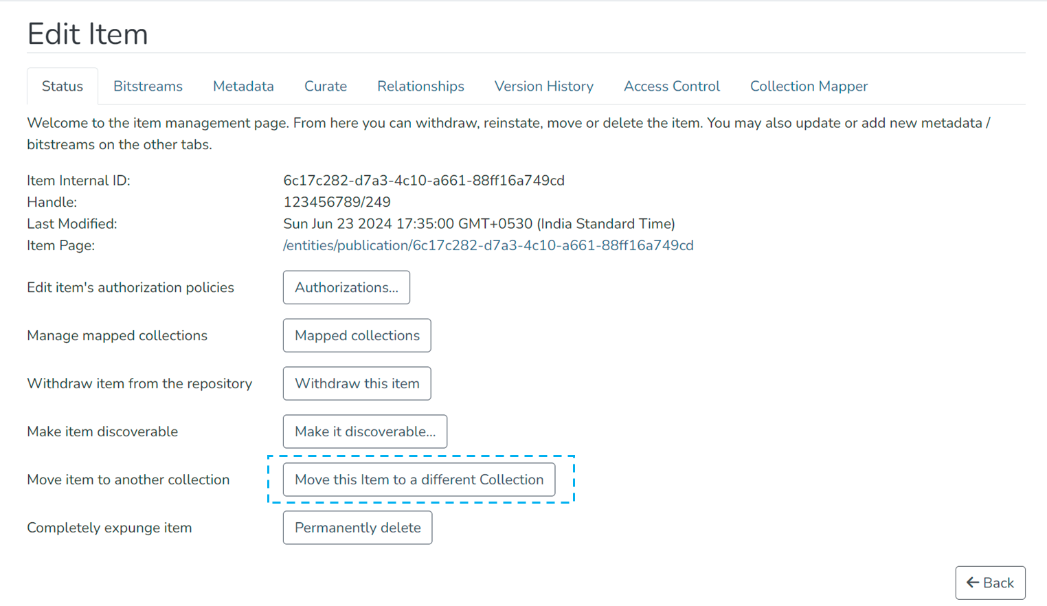 Status tab of the Edit Item page, with the Move this item to a different collection button highlighted