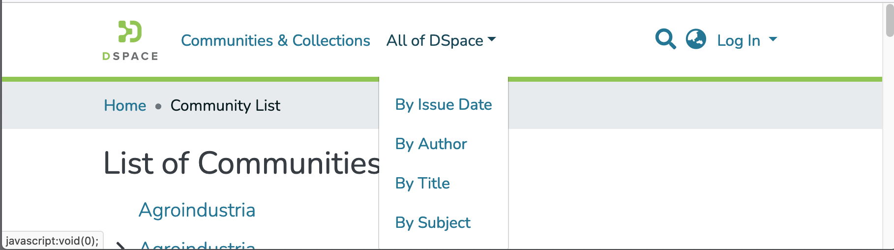 Dropdown menu for All of DSpace