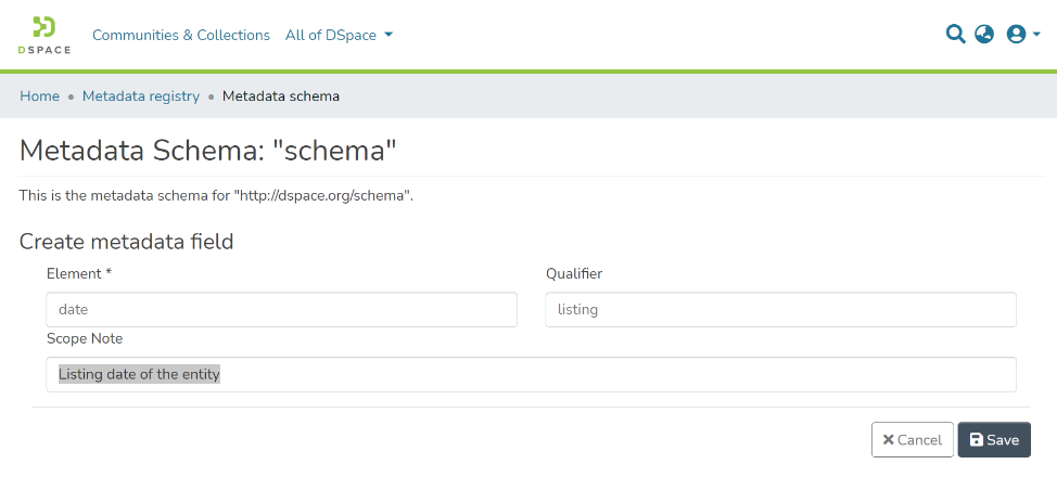 Element, Qualifier, and Scope Note fields in the Metadata Schema