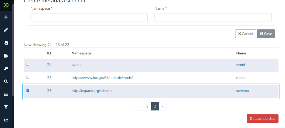 Check the box to the left of the metadata schema you wish to delete