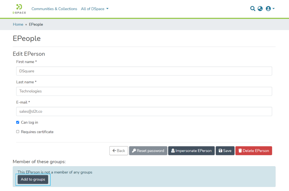 Click Add to Groups to add EPerson to Groups