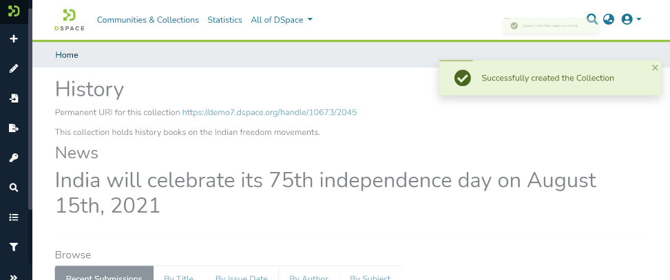 Successfully created the Collection banner appears in the upper right corner when the Collection is created