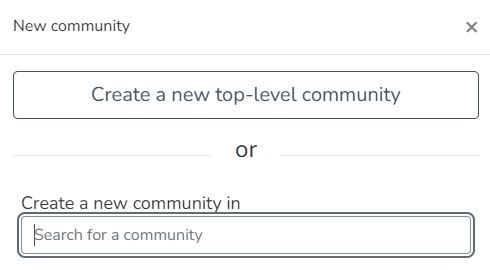 Button to create a new top-level community and typeahead menu to select an existing community