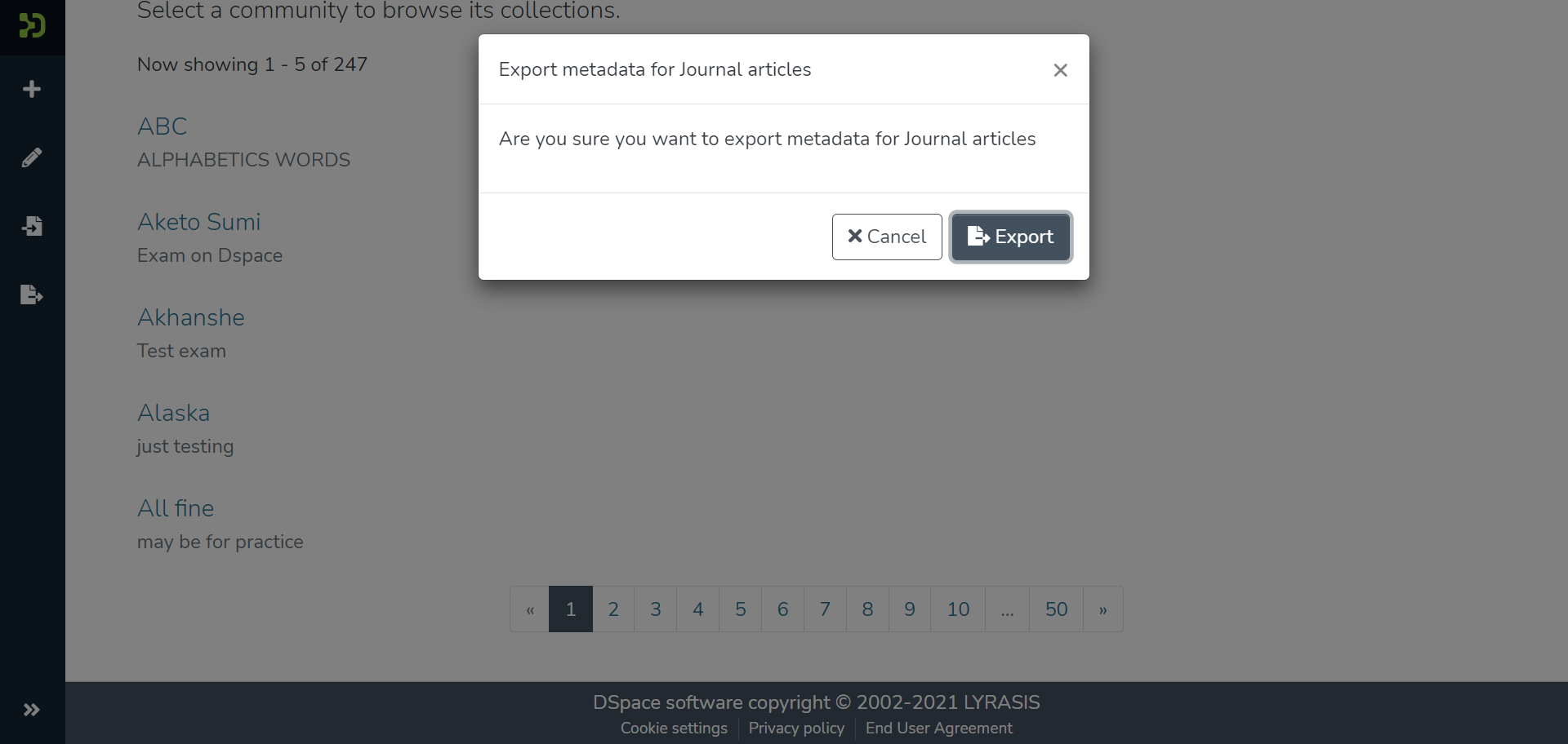 Export metadata popup with Export and Cancel buttons