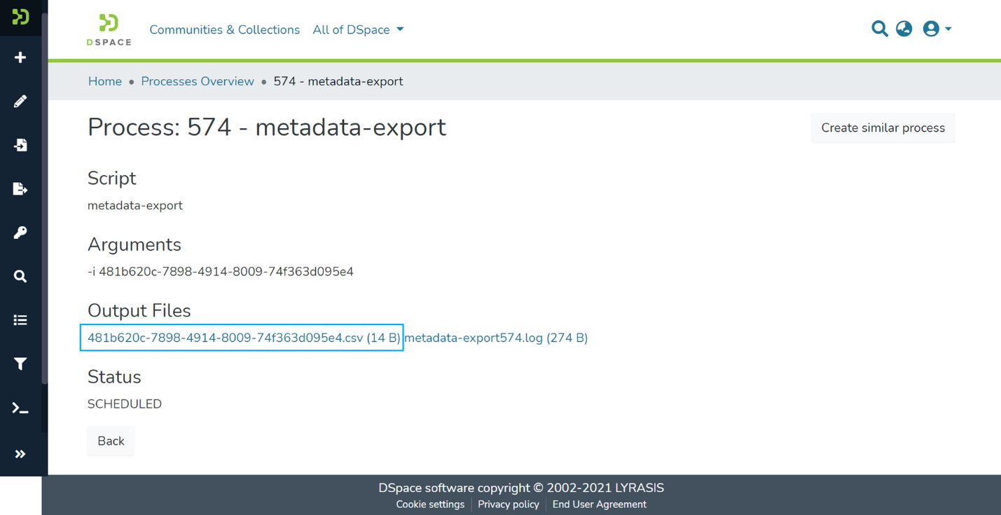 Metadata export page with the link to the CSV file highlighted under Output Files