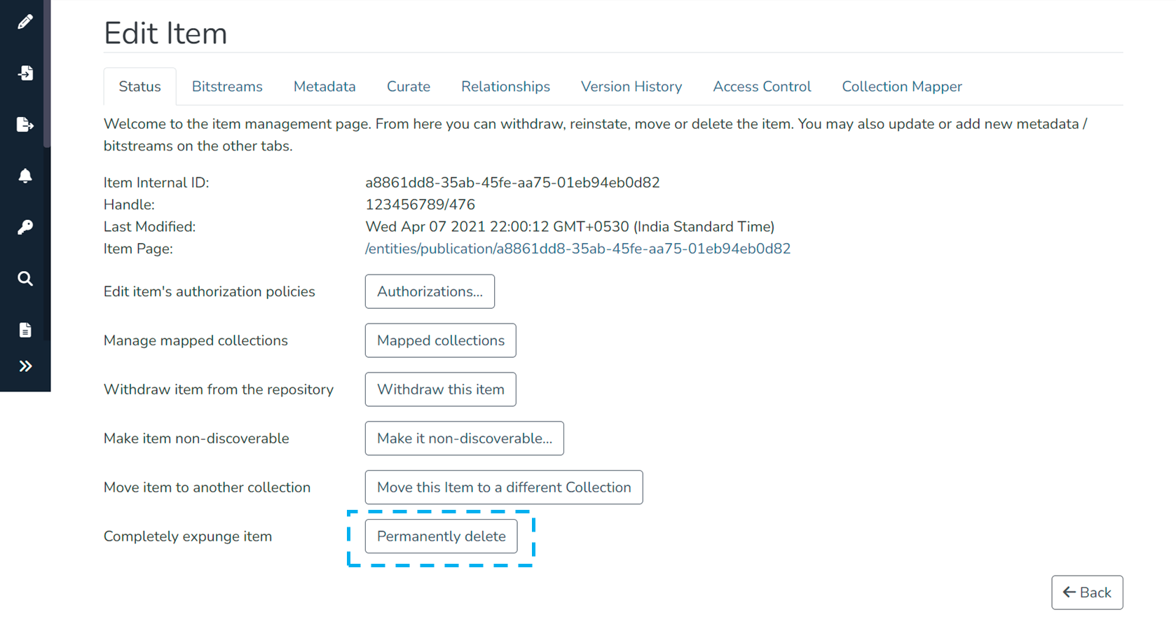 Edit Item page with the Permanently delete button highlighted