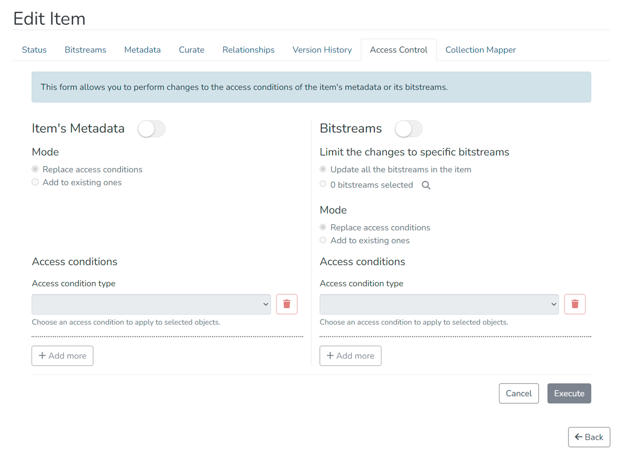 Screenshot of Access Control tab on Edit Item page