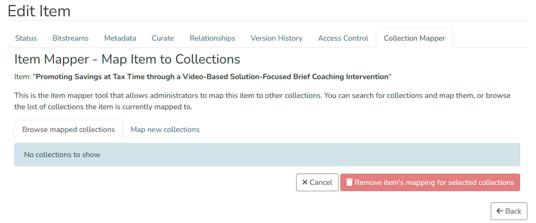 Screenshot of Collection Mapper tab on Edit Item page