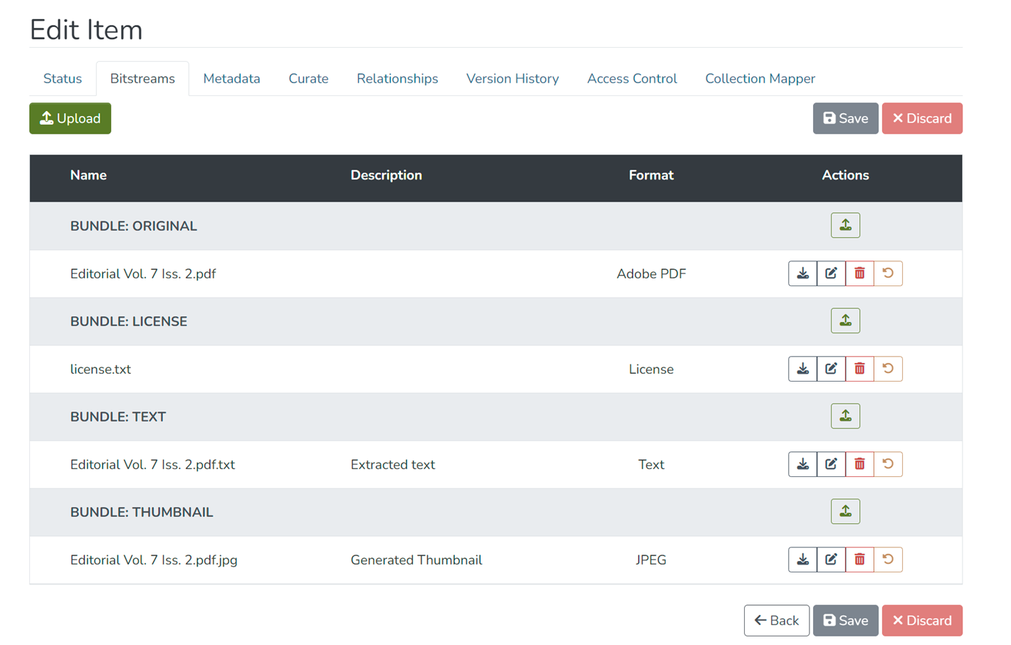 Screenshot of Bitstreams tab on Edit Item page