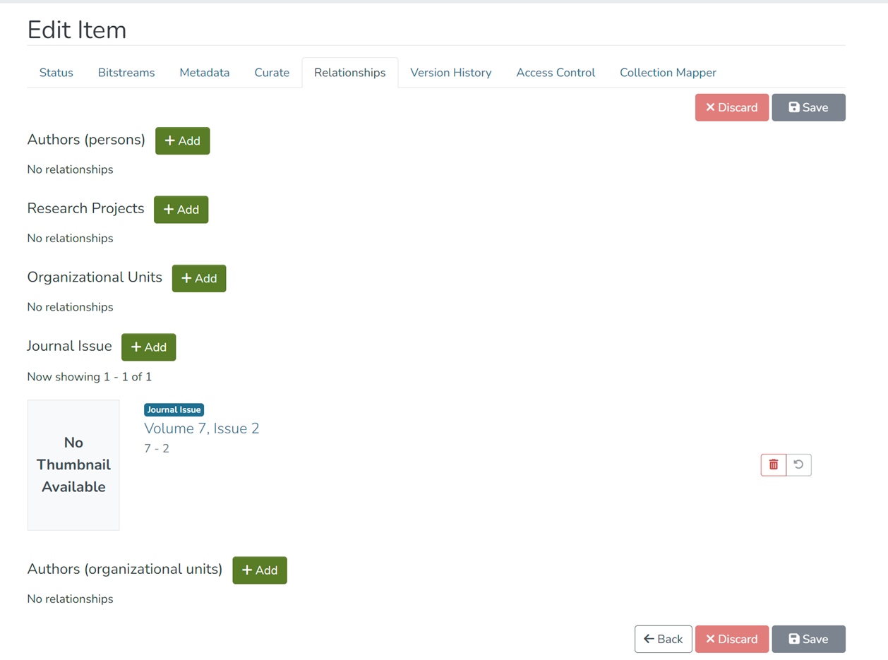 Screenshot of Relationships tab on Edit Item page