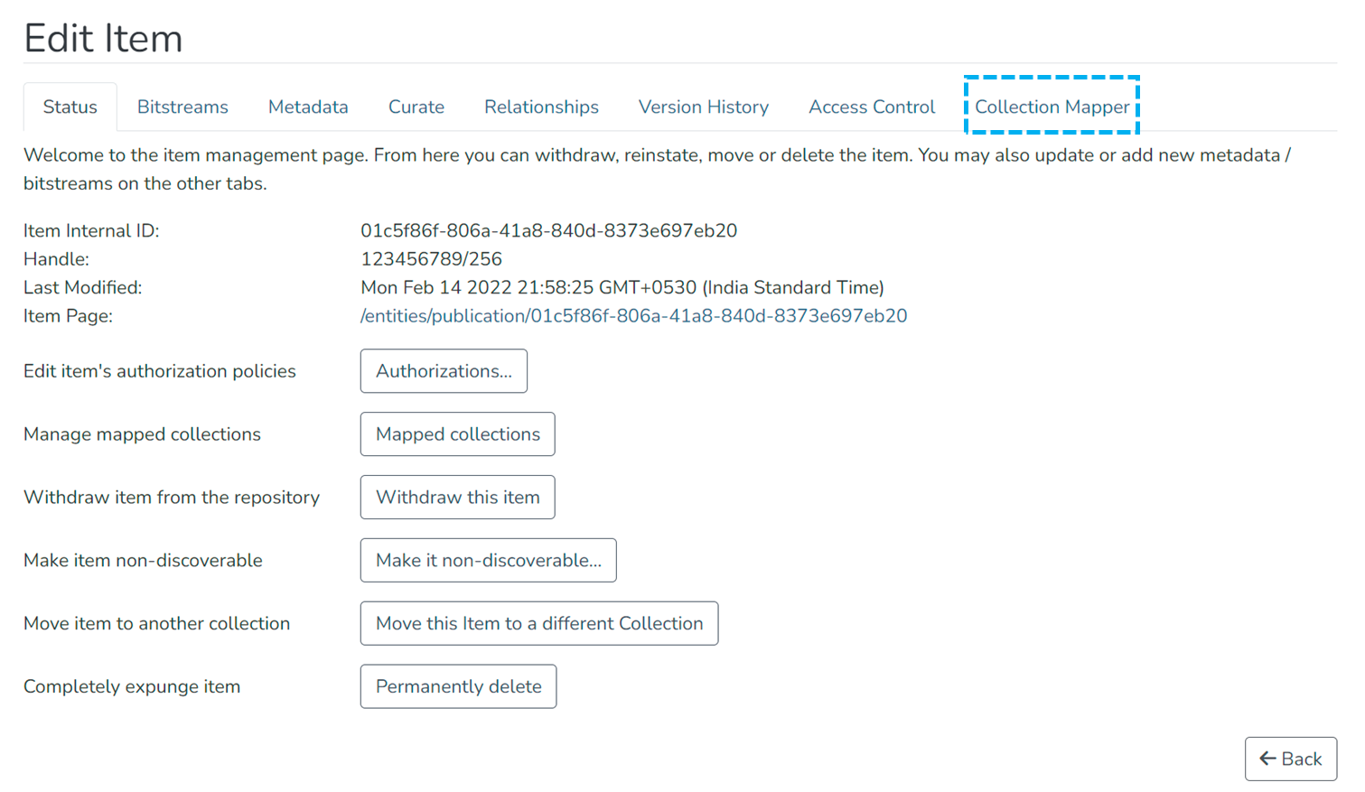 Edit Item page with the Collection Mapper tab highlighted