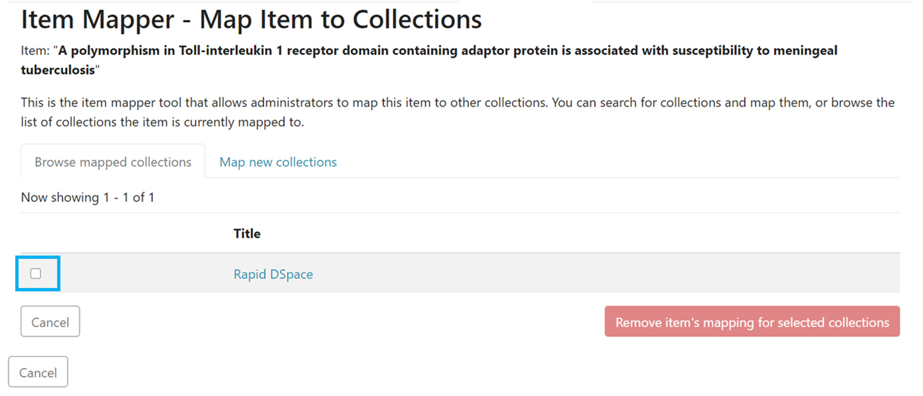 Item Mapper page showing Browse mapped collections tab with the checkbox next to the collection listed there highlighted