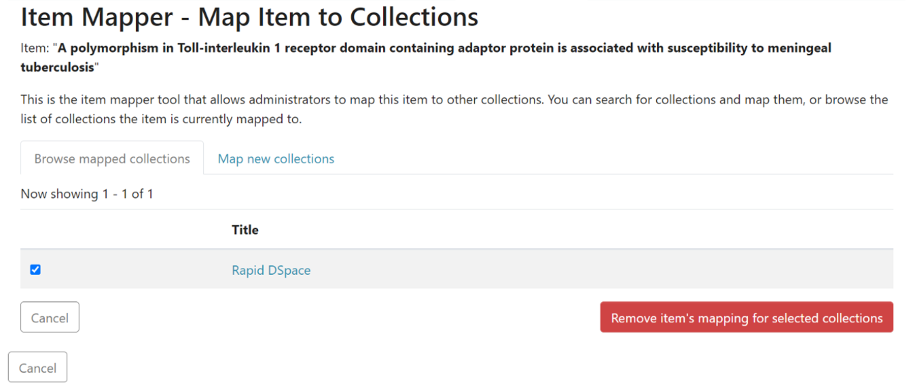 Item Mapper page showing Browse mapped collections tab and the buttons available to click