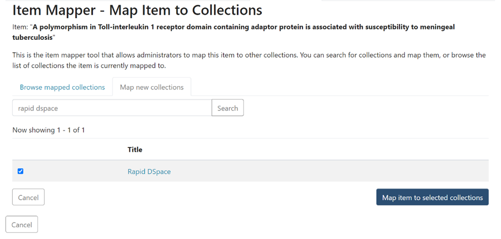 Item Mapper page showing Map new collections tab with the collection there checked