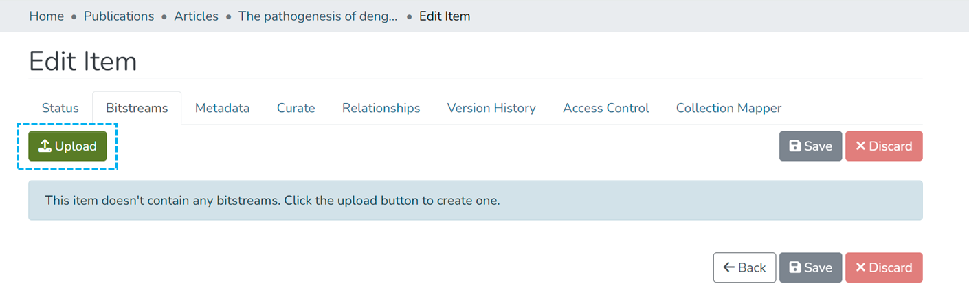 Edit Item page, Bitstreams tab, with Upload button highlighted