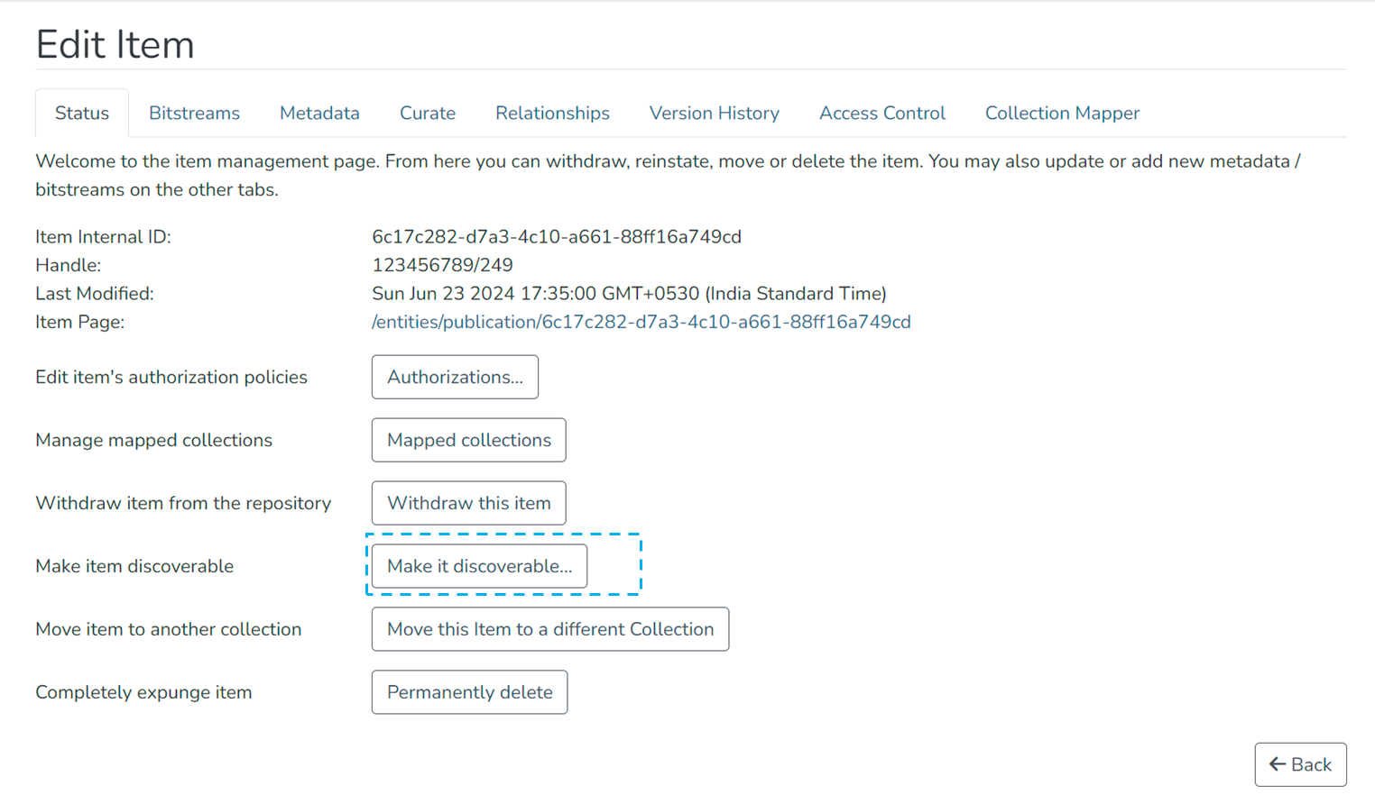 Edit Item page with the Make it discoverable button highlighted
