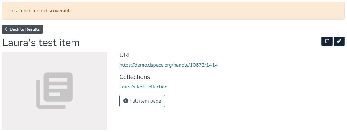Item page with This item is non-discoverable banner