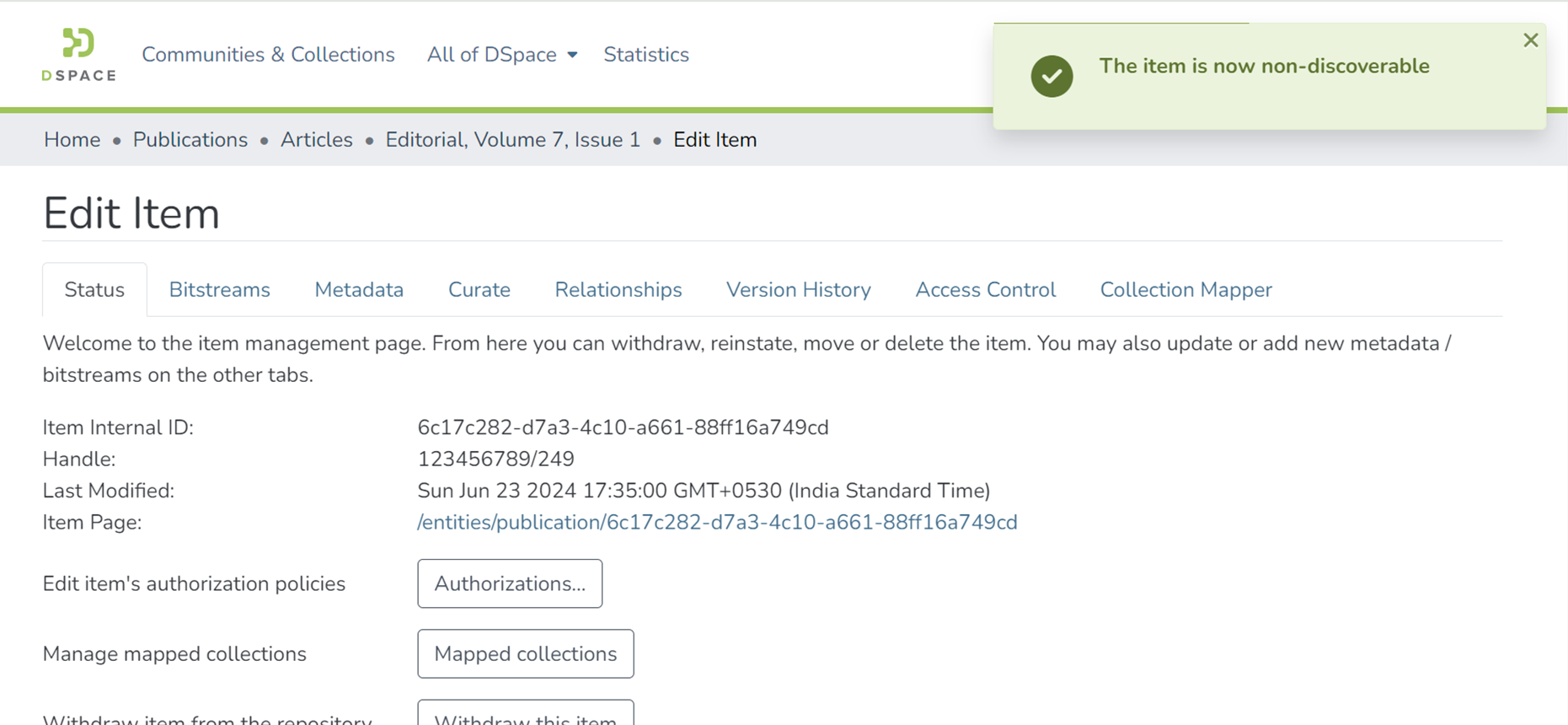 Edit Item page with banner saying The item is now non-discoverable 