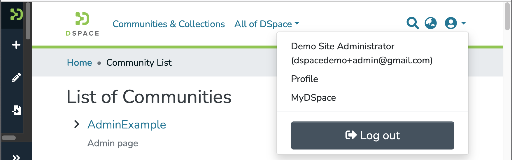 Dropdown menu for the user icon (upper right corner)