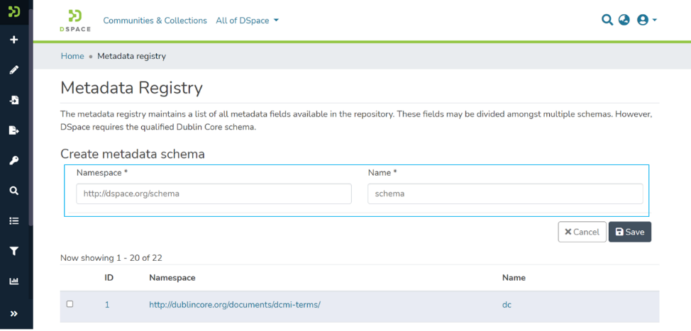 Enter the URL in the Namespace field and shorter Name in the Name field