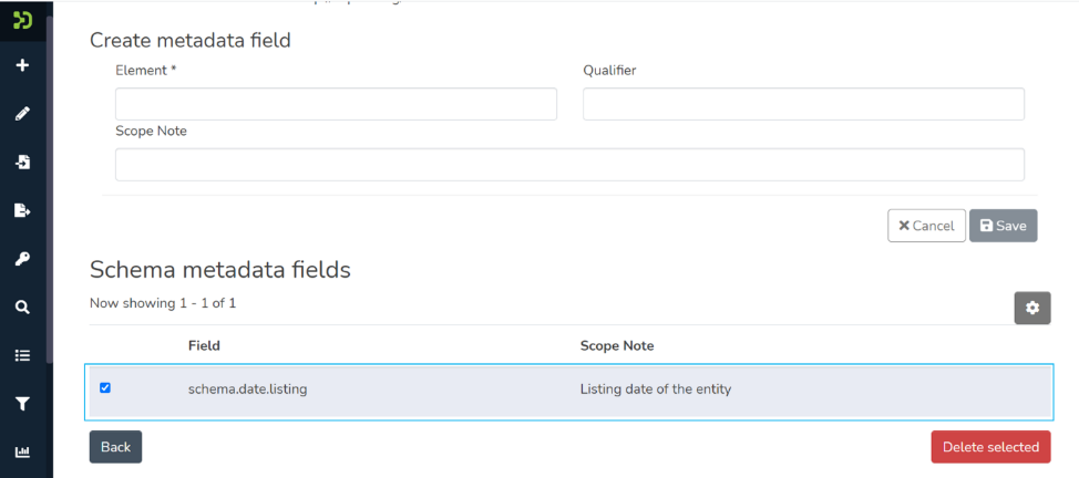 Check the box to the left of the metadata schema you wish to delete