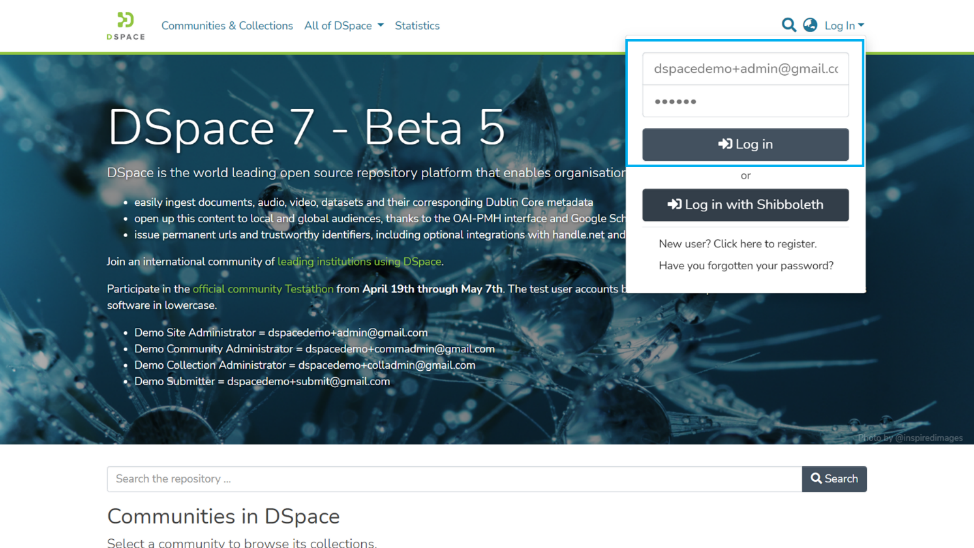 Login page with example login credentials