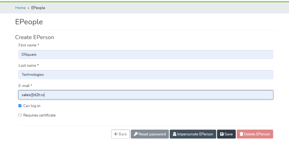 Add the First name, Last name, and email of the EPerson