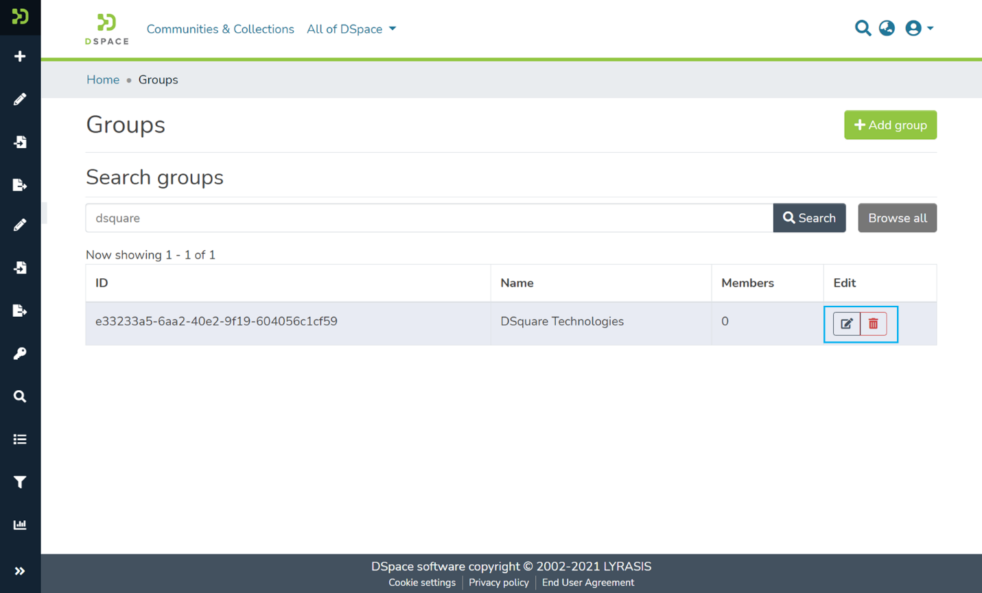 Click on the Edit or Delete button to modify Groups
