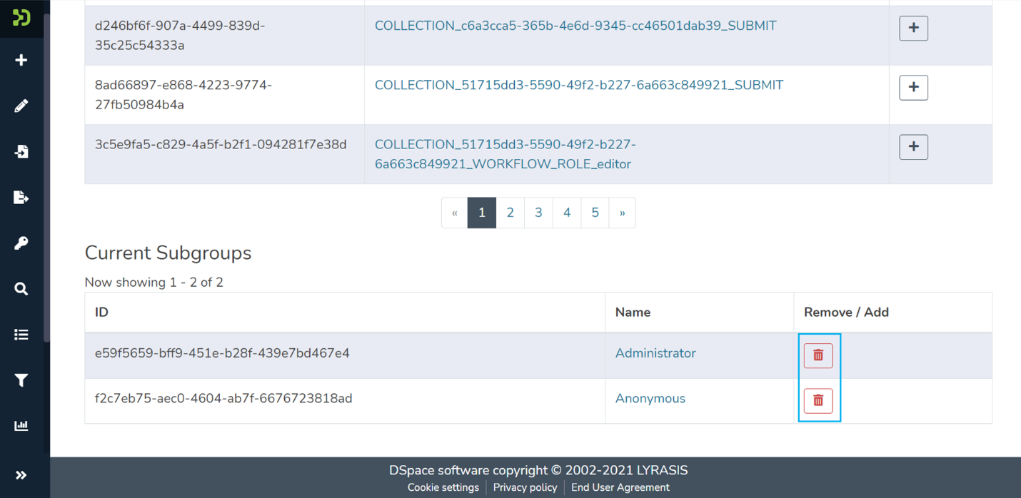 A list of current subgroups. Click on the trash bin icon to remove anyone