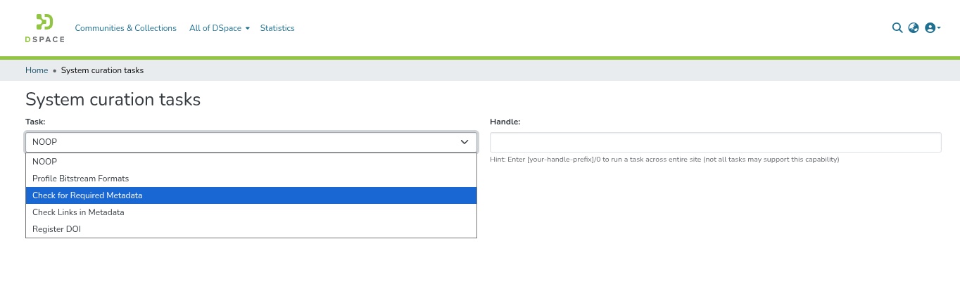 Curation task in the administrative UI of DSpace