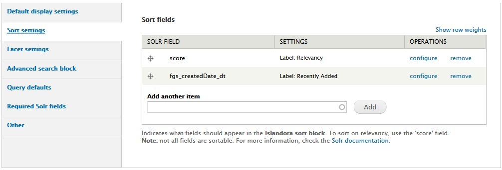 Screenshot of Solr sort fields configuration